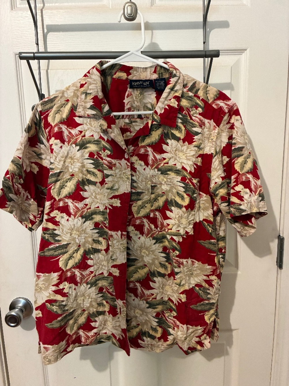 Krazy Kat Women’s Red Floral Hawaiian Casual Button Down